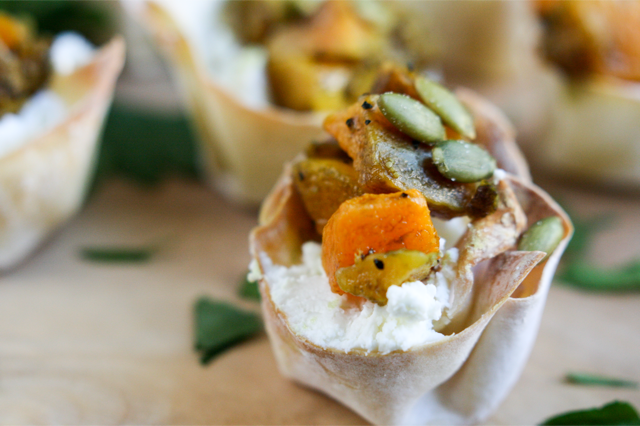 Savory Goat Cheese and Butternut Squash Won Ton Cups